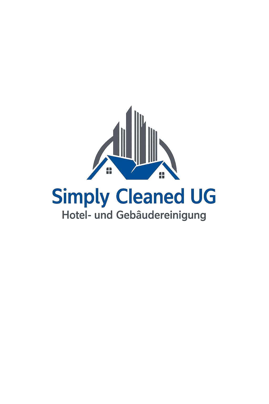 Simply Cleaned UG Logo mit blauen Hausdächern vor grauen Hochhäusern für Hotel- und Gebäudereinigung.